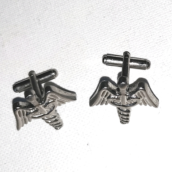 NEW Cufflinks: "Caduceus". Medical Industry. Elevation. Silver-Tone, Bullet Back - Picture 3 of 5